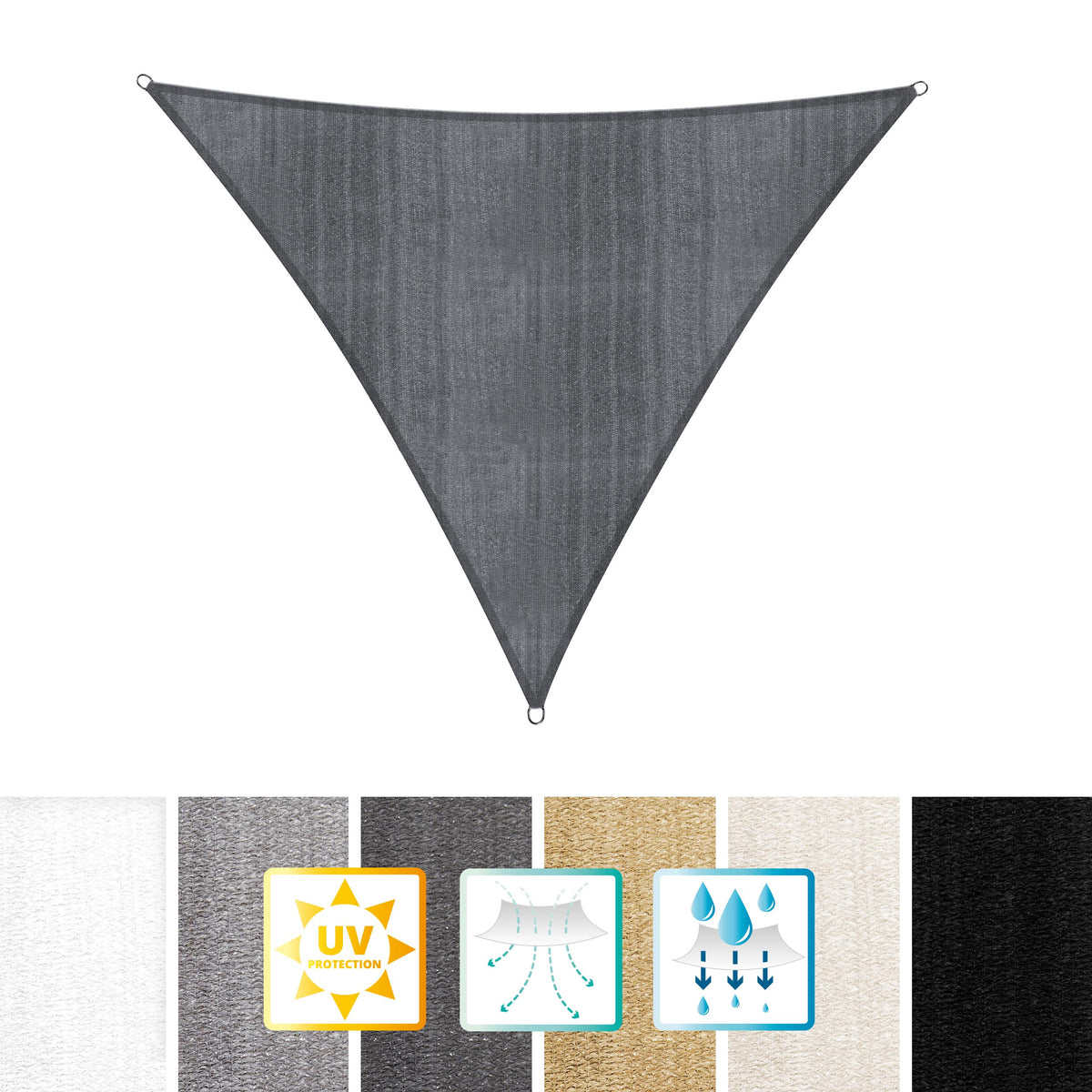Sonnensegel 100% HDPE mit Stabilisator, UV-Schutz, dreieckig 5x5x5 m, dunkelgrau, inklusive Befestigungsseilen
