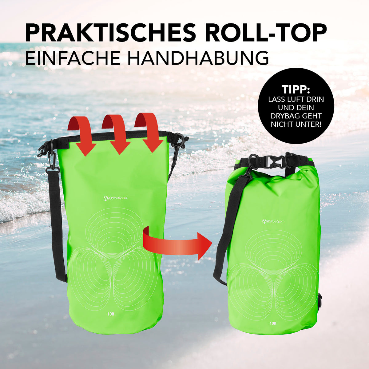 Dry Bag 10L - Grün mit wasserdichtem Rolltop-Verschluss und verstellbarem Schultergurt für sichere Outdoor-Abenteuer.