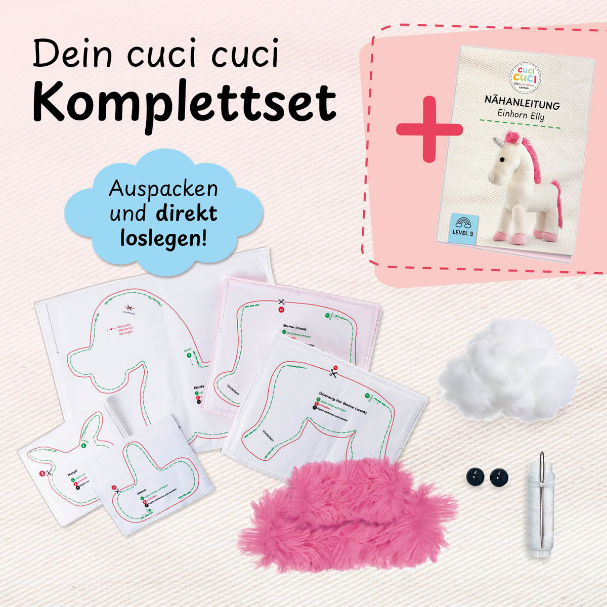 Näh-Baukastenset Motiv Einhorn Elly mit Anleitung, Schnittmuster, Stoff und Zubehör für kinderleichtes Nähen ab Level 3.