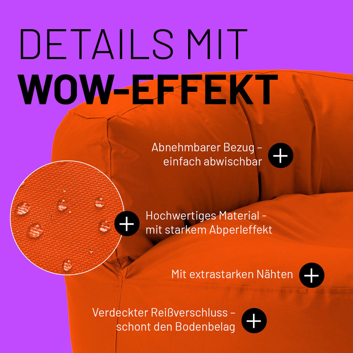 Sitzsack Lounge (320 L) in Orange mit abnehmbarem Bezug, starkem Abperleffekt, extrastarken Nähten und verdecktem Reißverschluss.