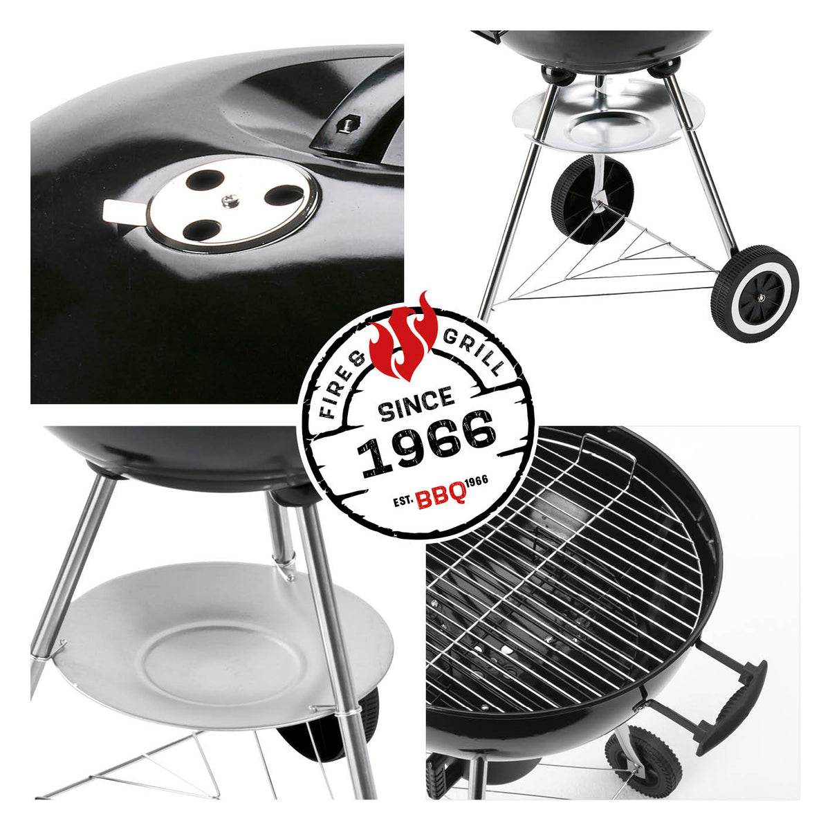 Holzkohle-Kugelgrill mit Ø 41 cm Grillfläche, verchromtem Rost, Lüftungsregler, 3 Stativbeinen und praktischen Rollen für 4-6 Personen.