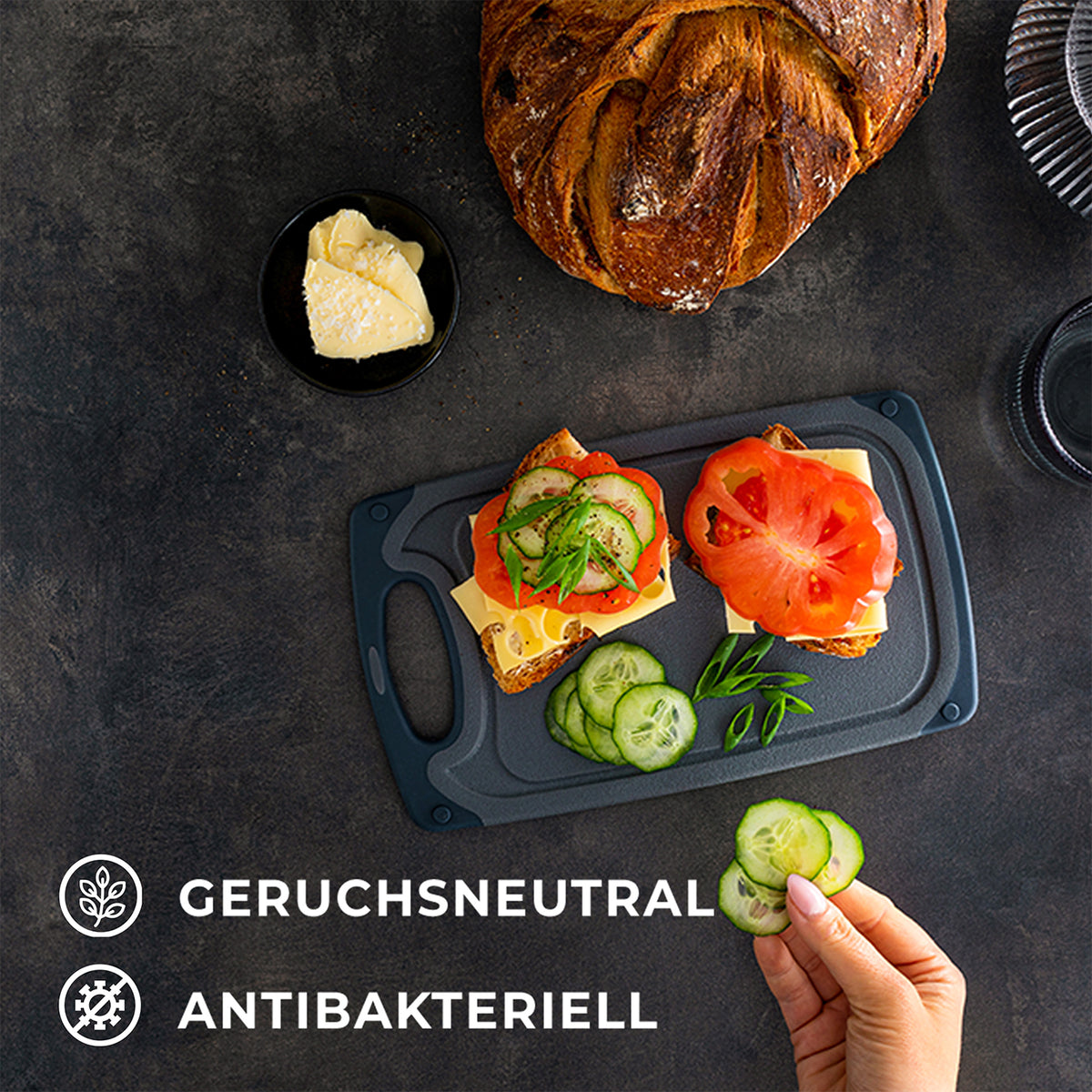 Frühstücksbrettchen - 3er-Set - Marmoroptik Schwarz, rutschfest, antibakteriell und spülmaschinenfest mit Saftrille, vielseitig einsetzbar.