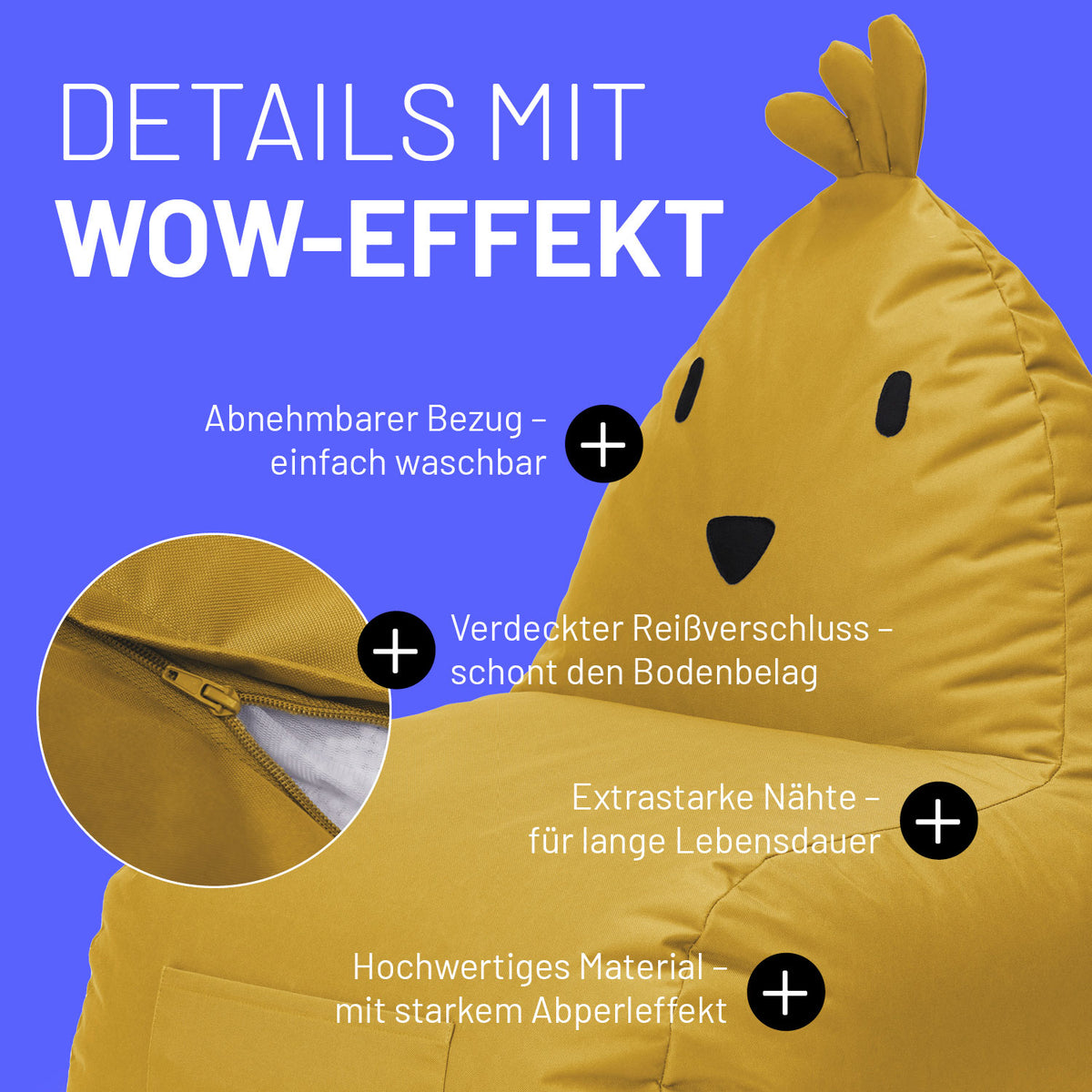 Kindersitzsack Animal Line Chick (200 L) Senfgelb, wasserabweisend, abnehmbarer Bezug, verdeckter Reißverschluss, robust für Indoor & Outdoor.