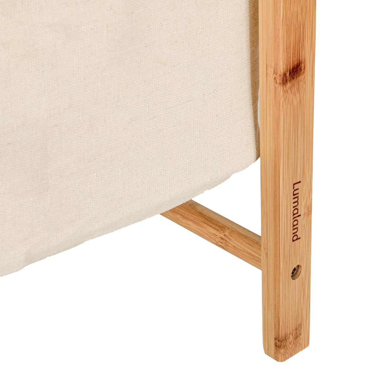 Kleiderständer aus Bambus - 159 x 60 x 45 cm von Lumaland, stabil, naturbelassen und mit integriertem Ablagefach in Beige.