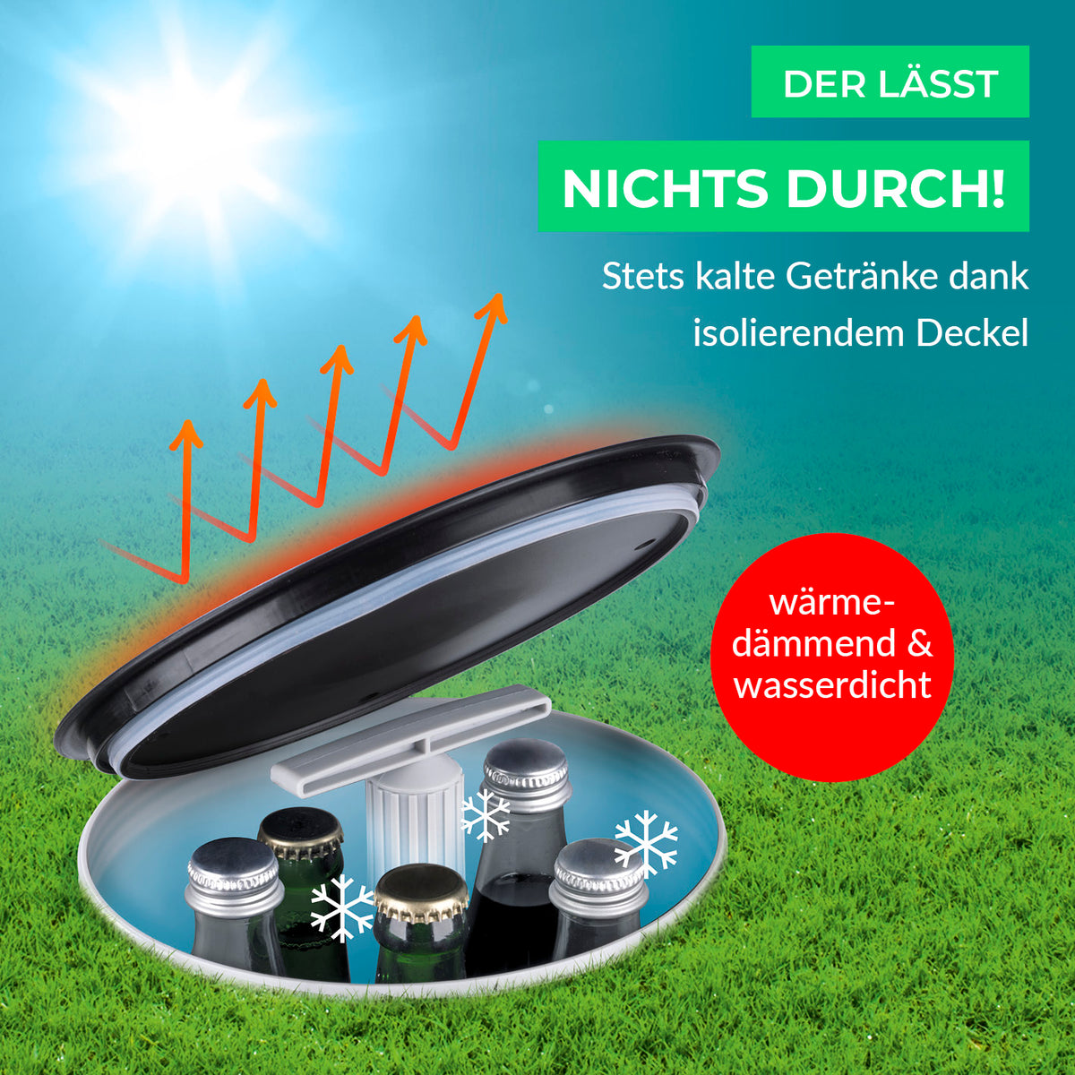 Outdoor-Flaschenkühler mit isolierendem Deckel, wasserdicht und wärmgedämmt für bis zu 13 Flaschen, stromlose Kühlung im Erdloch.
