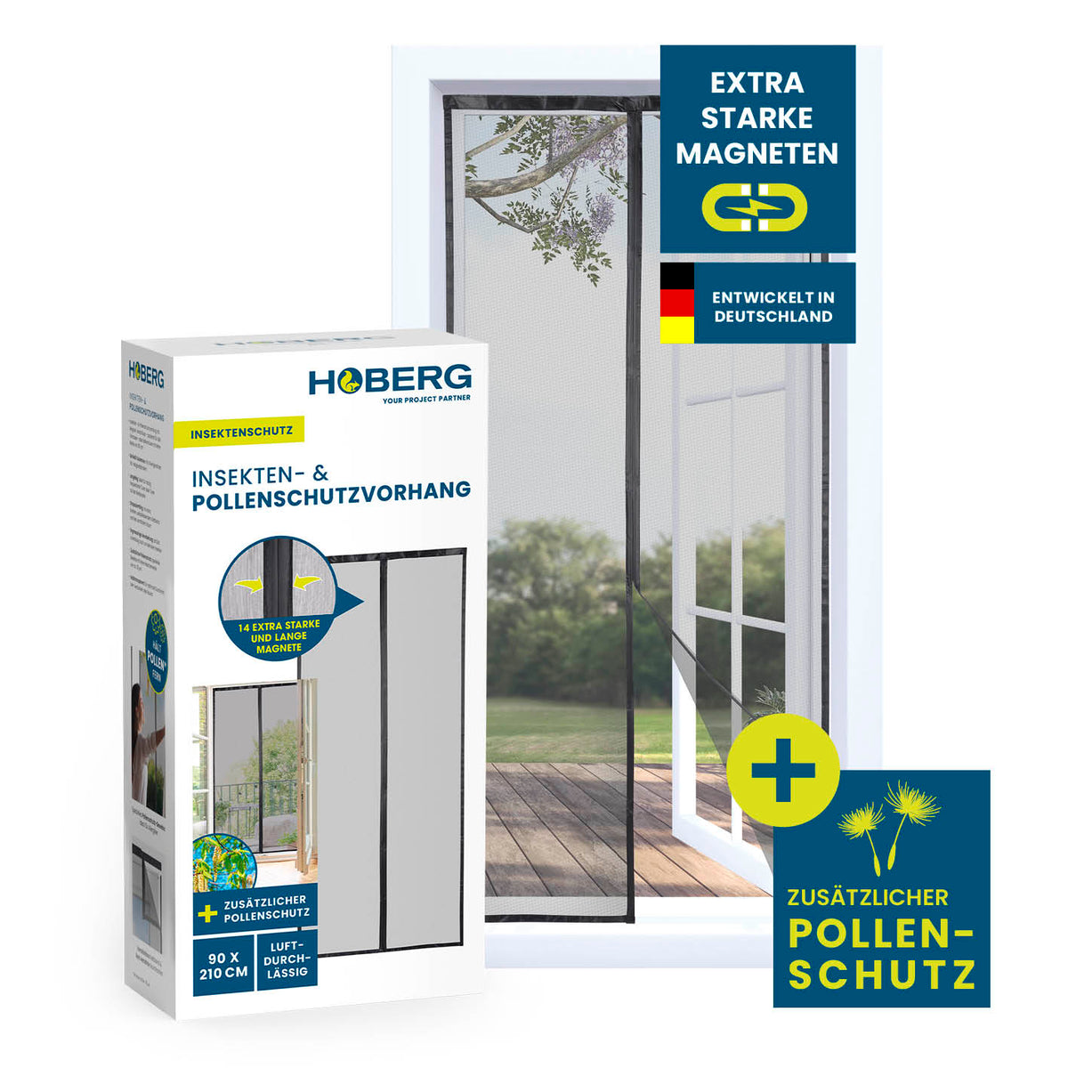 Insekten- & Pollenschutzvorhang – 90 x 210 cm mit XXL-Magnetbändern, luftdurchlässig, ideal für Balkon- und Terrassentüren, Marke HOBERG.