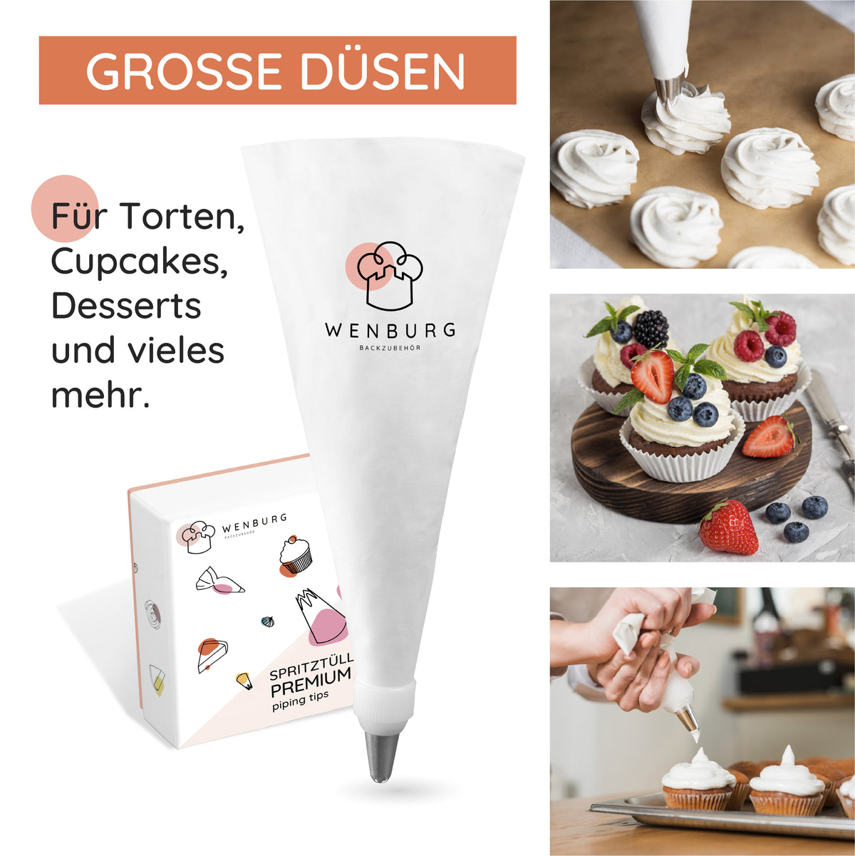 Spritzbeutel mit Tüllen - 12-tlg. Set mit stabilen Edelstahl-Düsen zum Verzieren von Torten, Cupcakes und Desserts.