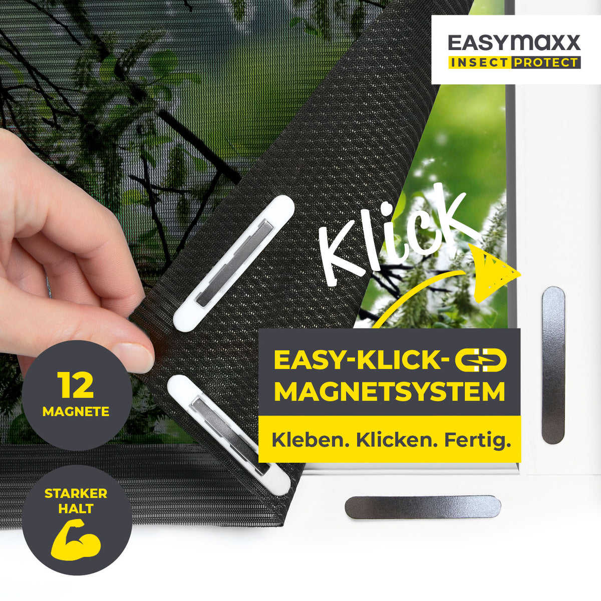 Insekten- & Pollenschutzgitter mit Magnetbefestigung - 2er-Set, einfach mit 12 Magneten am Fensterrahmen zu befestigen, ohne Bohren.