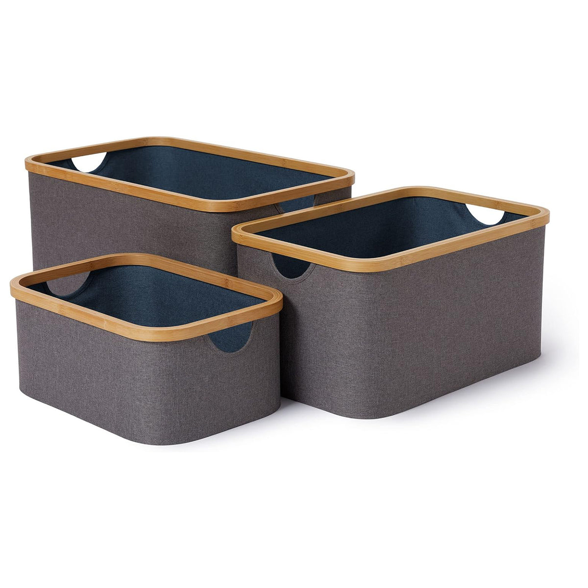 Aufbewahrungsboxen mit Bambus-Rahmen - 3er-Set - Grau-Blau, stapelbare rechteckige Aufbewahrungsboxen mit Bambusrahmen von LUMALAND.