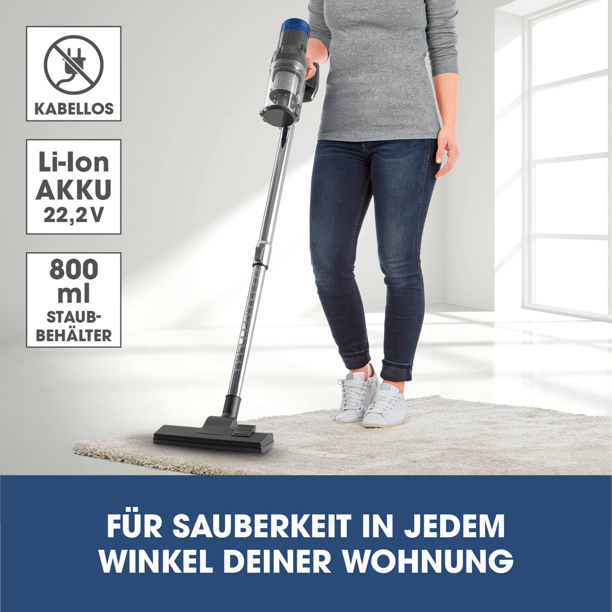Kabelloser Hand- und Bodenstaubsauger mit Zyklontechnologie - anthrazit/blau, kabellos, 22,2 V Akku, 800 ml Staubbehälter, leichtes Handling.