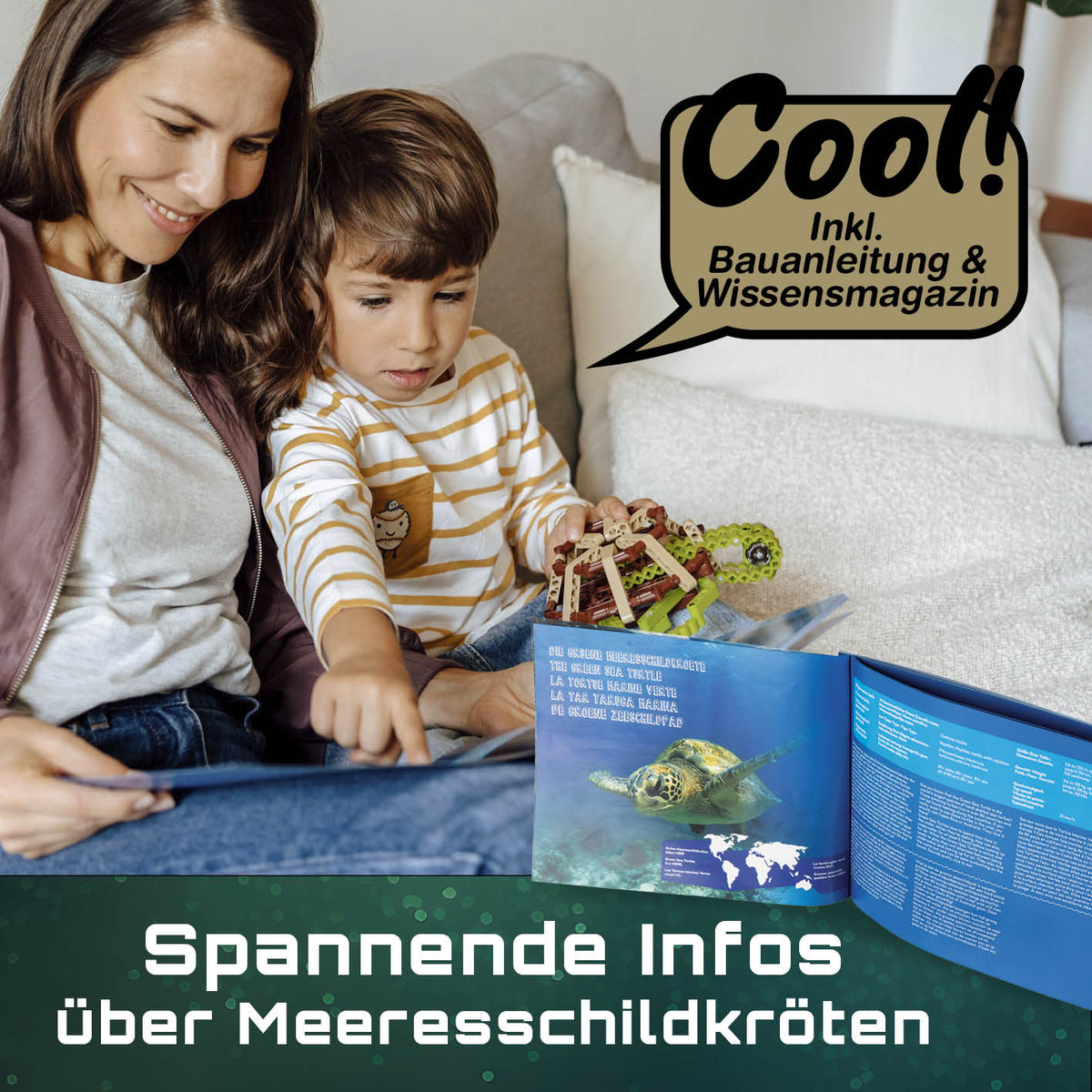 Baustein-Set Schildkröte: Mutter und Kind entdecken mit Bausatz und Magazin spannende Infos über Meeresschildkröten und Naturgesetze.