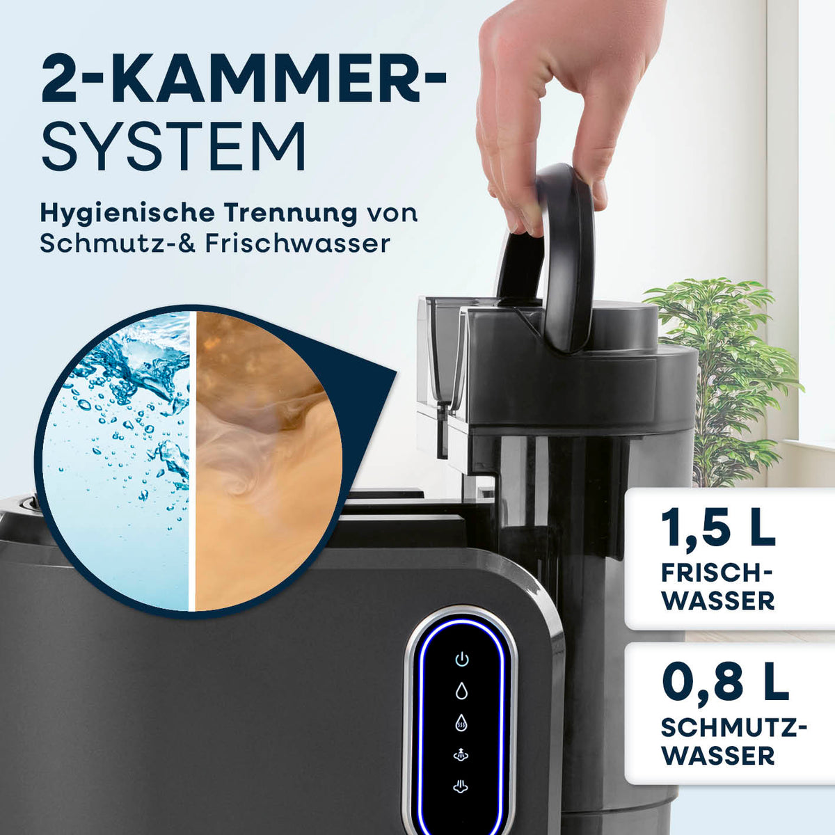Polster- & Teppichreiniger Pro Steam mit 2-Kammer-System zur hygienischen Trennung von Schmutz- und Frischwasser.