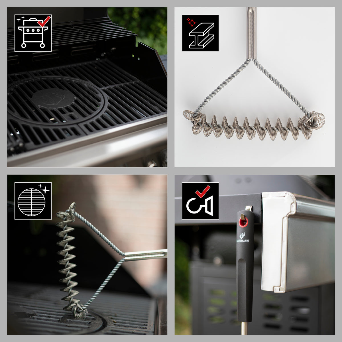 Grillrost-Reinigungsbürste aus Edelstahl mit langlebiger Spule und ergonomischem PP-Griff für alle Grillroste bequem reinigen.