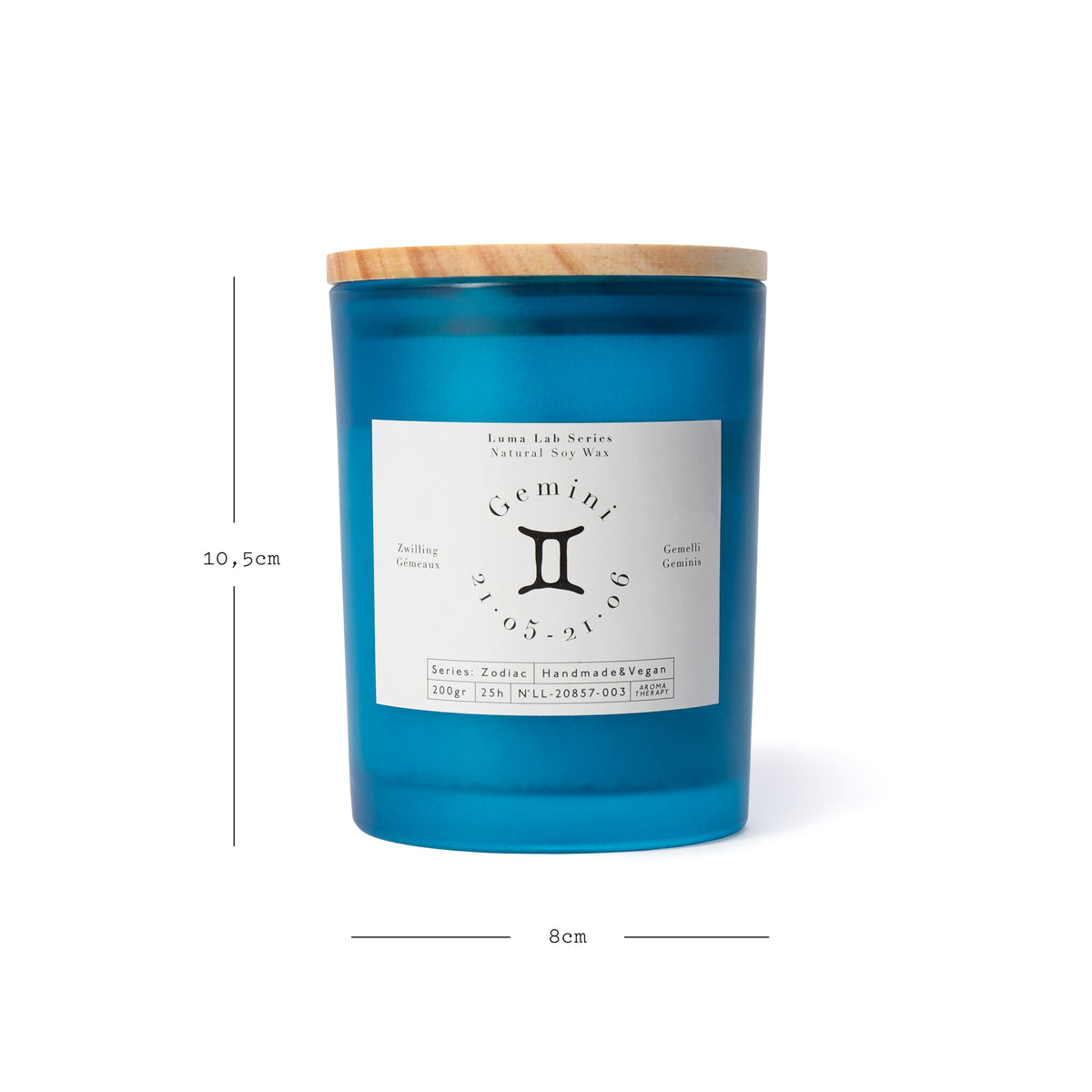 Duftkerze Sternzeichen "Zwillinge" im blauen Glas mit Zitrus- und Blumenaromen, 25 Stunden Brenndauer, handgegossen aus veganem Sojawachs.