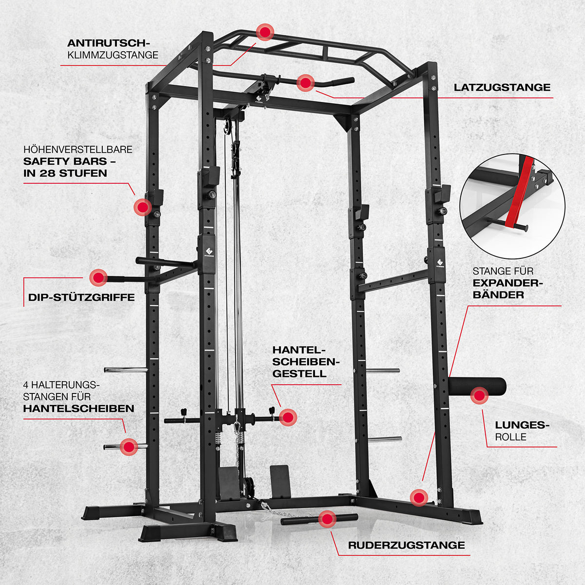 Power Rack mit Latzug, Klimmzugstange, höhenverstellbaren Safety Bars und Hantelscheiben-Ablage für vielseitiges Krafttraining.