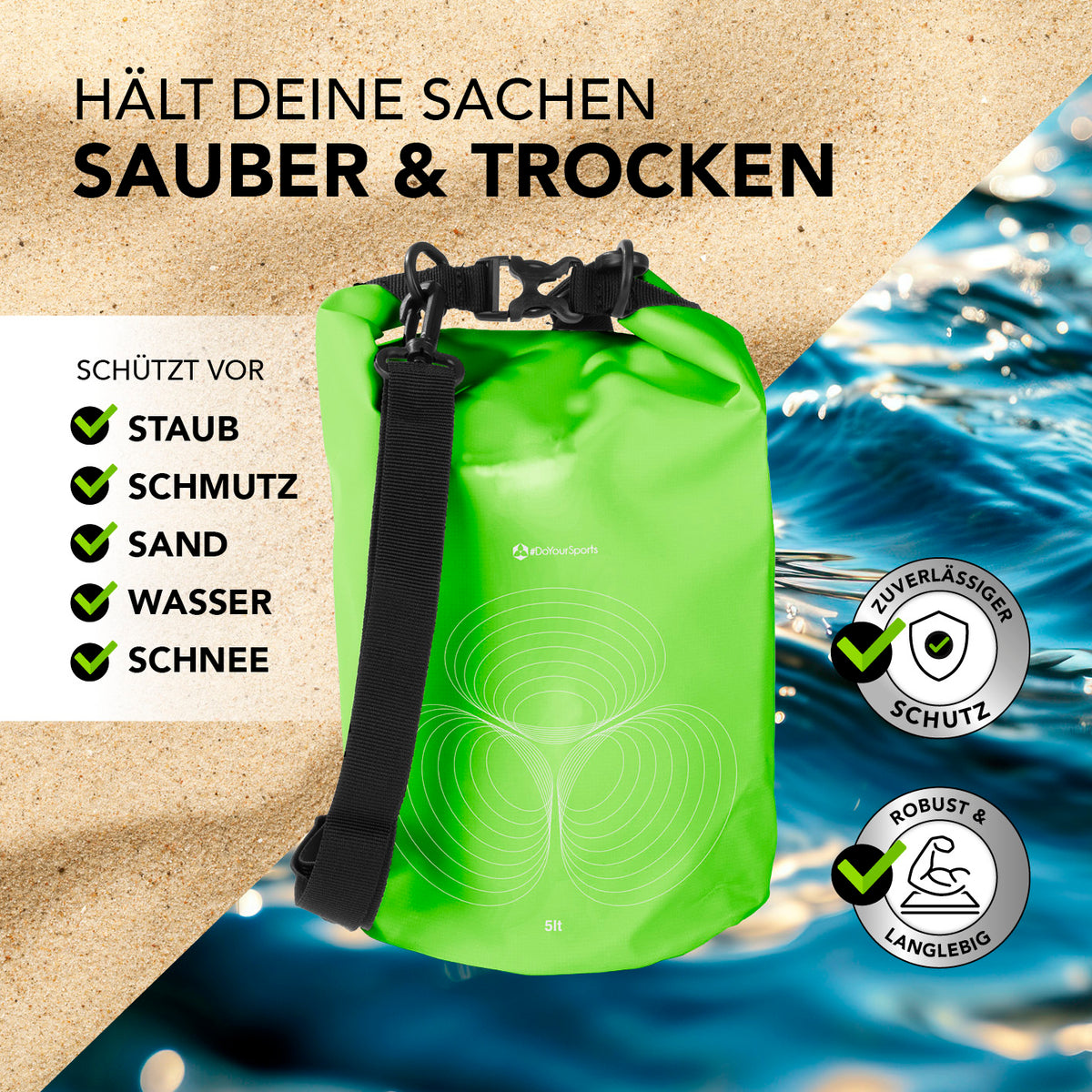 Dry Bag 5L - Grün, wasserdichter, robuster Outdoor-Rucksack mit Rolltop-Verschluss zum Schutz vor Staub, Schmutz, Sand, Wasser und Schnee.