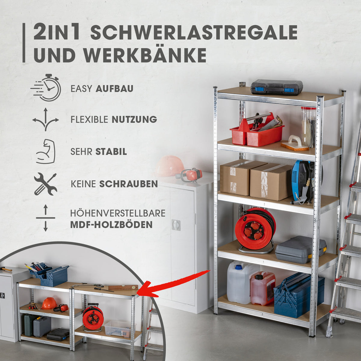 Schwerlastregal & Werkbank - 180 x 90 x 40 cm, 875 kg Traglast, 5 höhenverstellbare MDF-Ebenen, montagefreundlich ohne Schrauben.