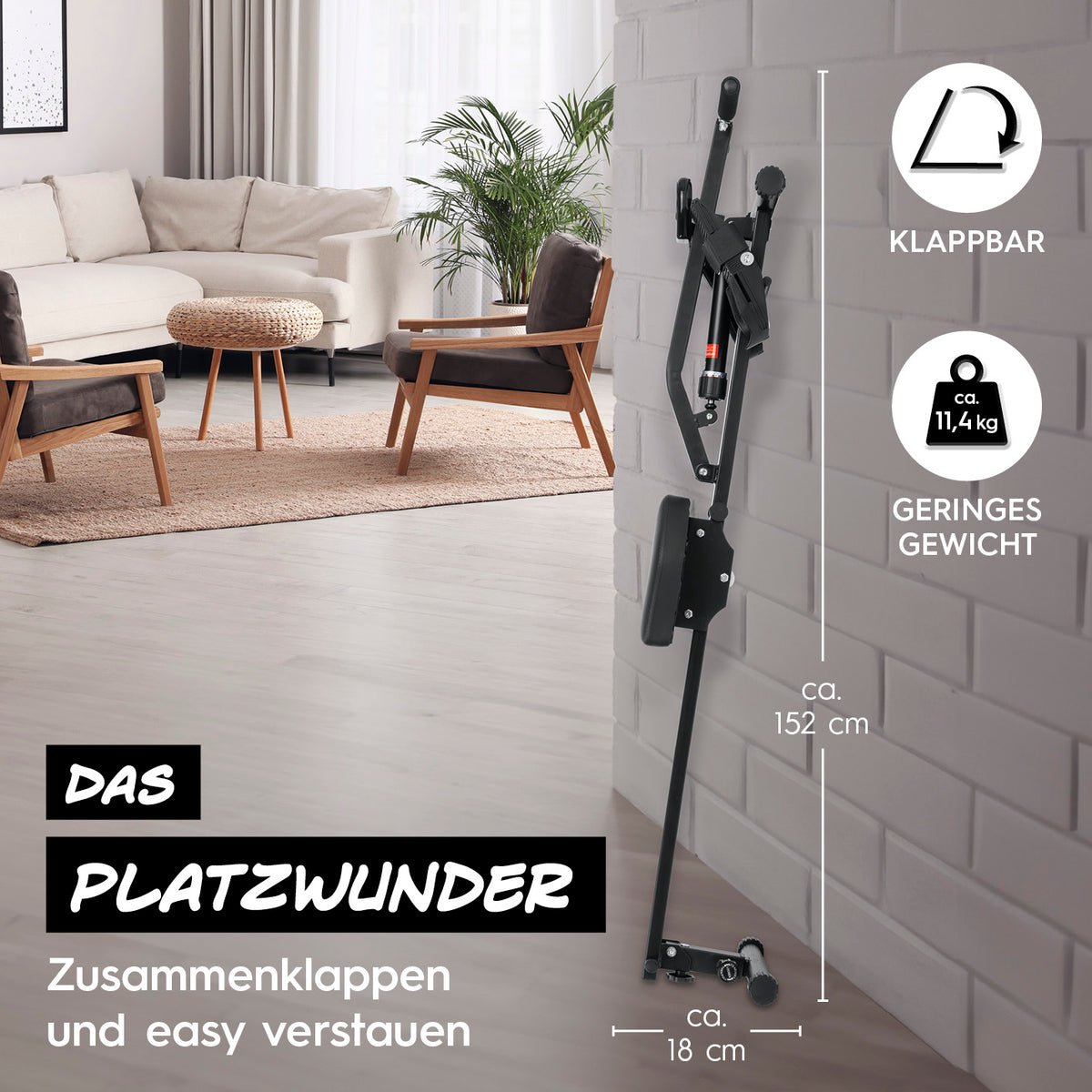 Klapp-Rudergerät platzsparend zusammenklappbar, leicht, 152x46x18 cm, ideal für effektives Cardio- und Ganzkörpertraining zu Hause.