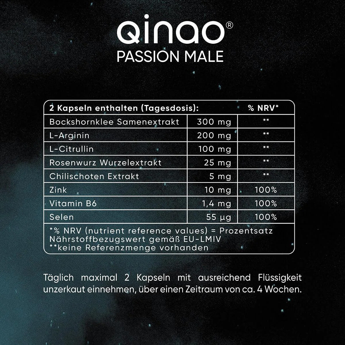 Nahrungsergänzungsmittel PASSION MALE mit Bockshornklee, Rosenwurz, Chili, Magnesium, Zink und Vitamin B6, vegan und zuckerfrei.