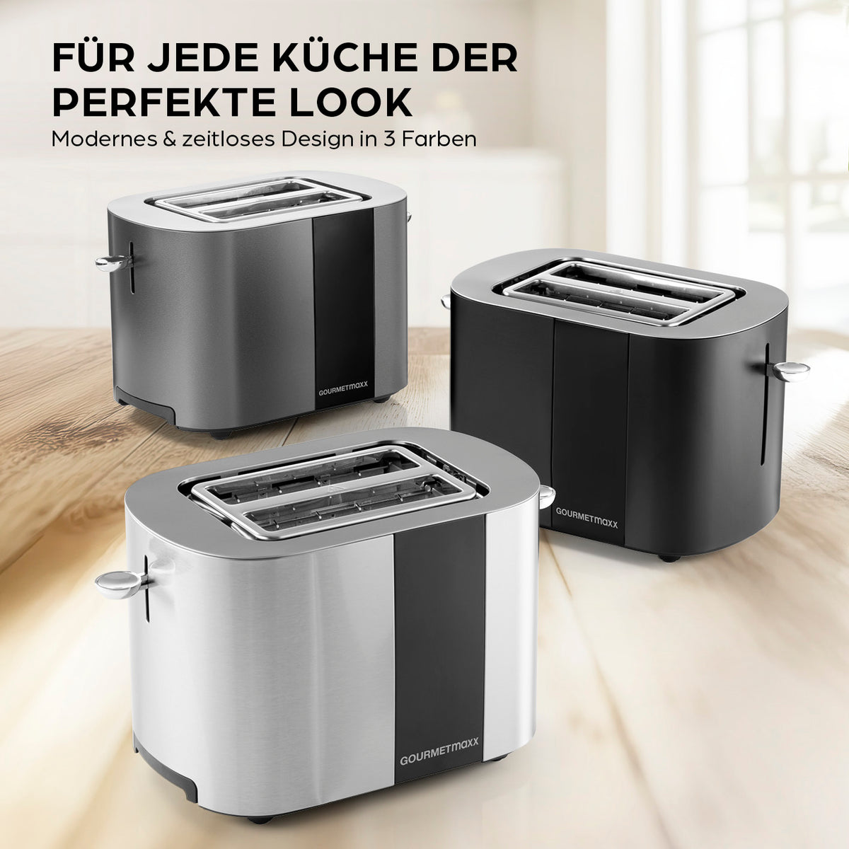 Toaster - Anthrazit, moderner Kurzschlitz-Toaster für zwei Scheiben mit 6 Bräunungsgraden und praktischem Brötchenaufsatz.