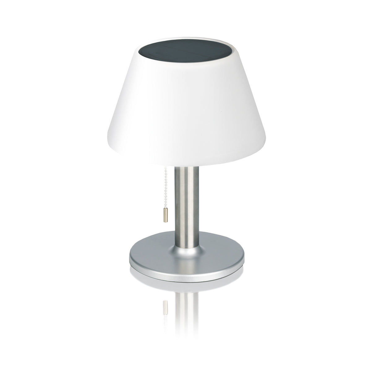 Solar-Tischleuchte - Edelstahl/weiß mit warmweißem LED-Licht, Edelstahl-Optik, An/Aus-Schalter und 4-8 Stunden Leuchtdauer, Höhe 29 cm.
