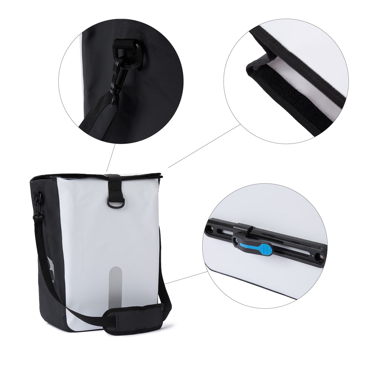 Wasserdichte Fahrradtasche Roll-Top - 21 L - Weiß mit reflektierendem Material, Schnellverbindungssystem und abnehmbarem Schultergriff.