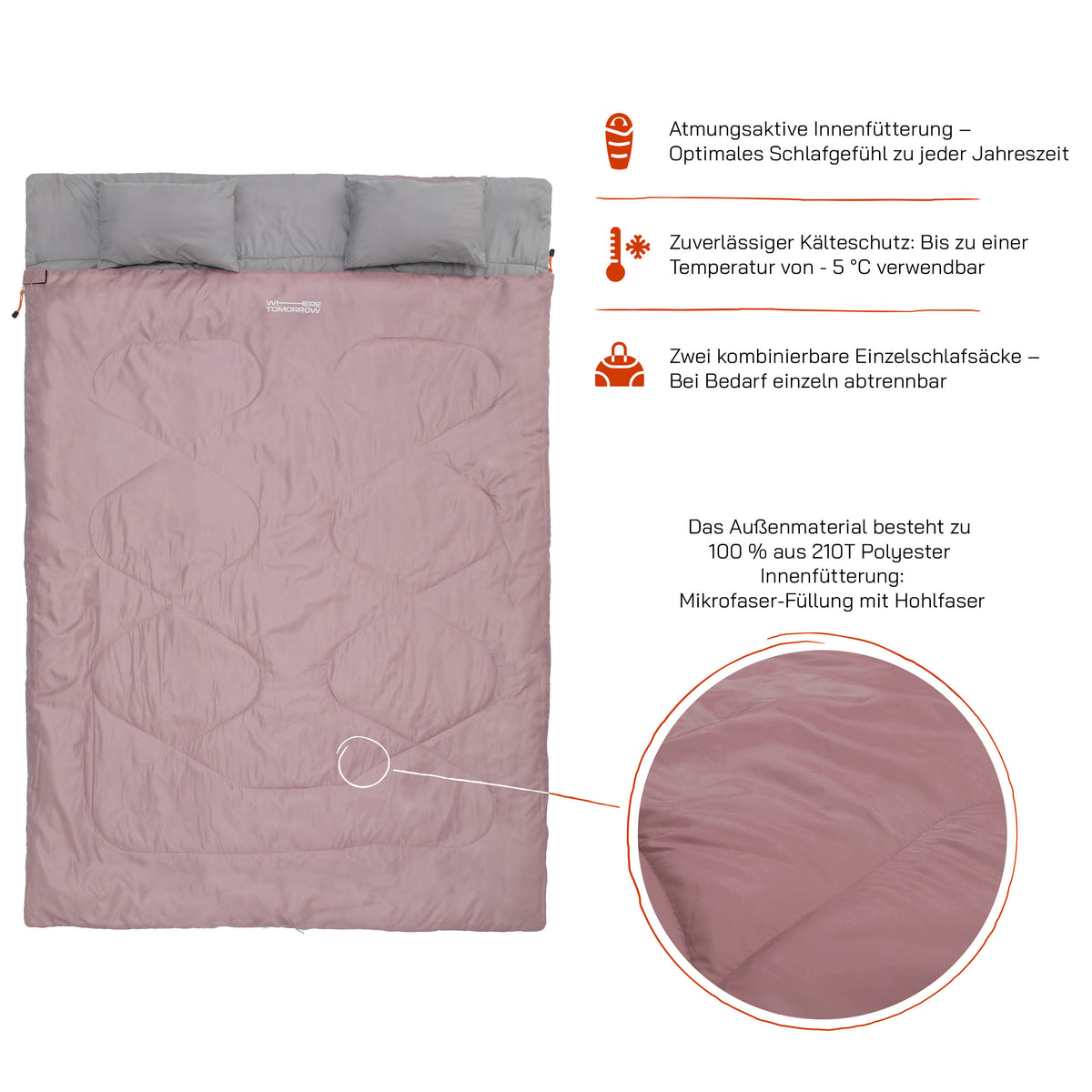 Doppelschlafsack mit Tragetasche - 2-Personen Schlafsack 190x150 cm, wasserabweisend, atmungsaktiv, bis -5 °C, Rosé, ideal fürs Camping.