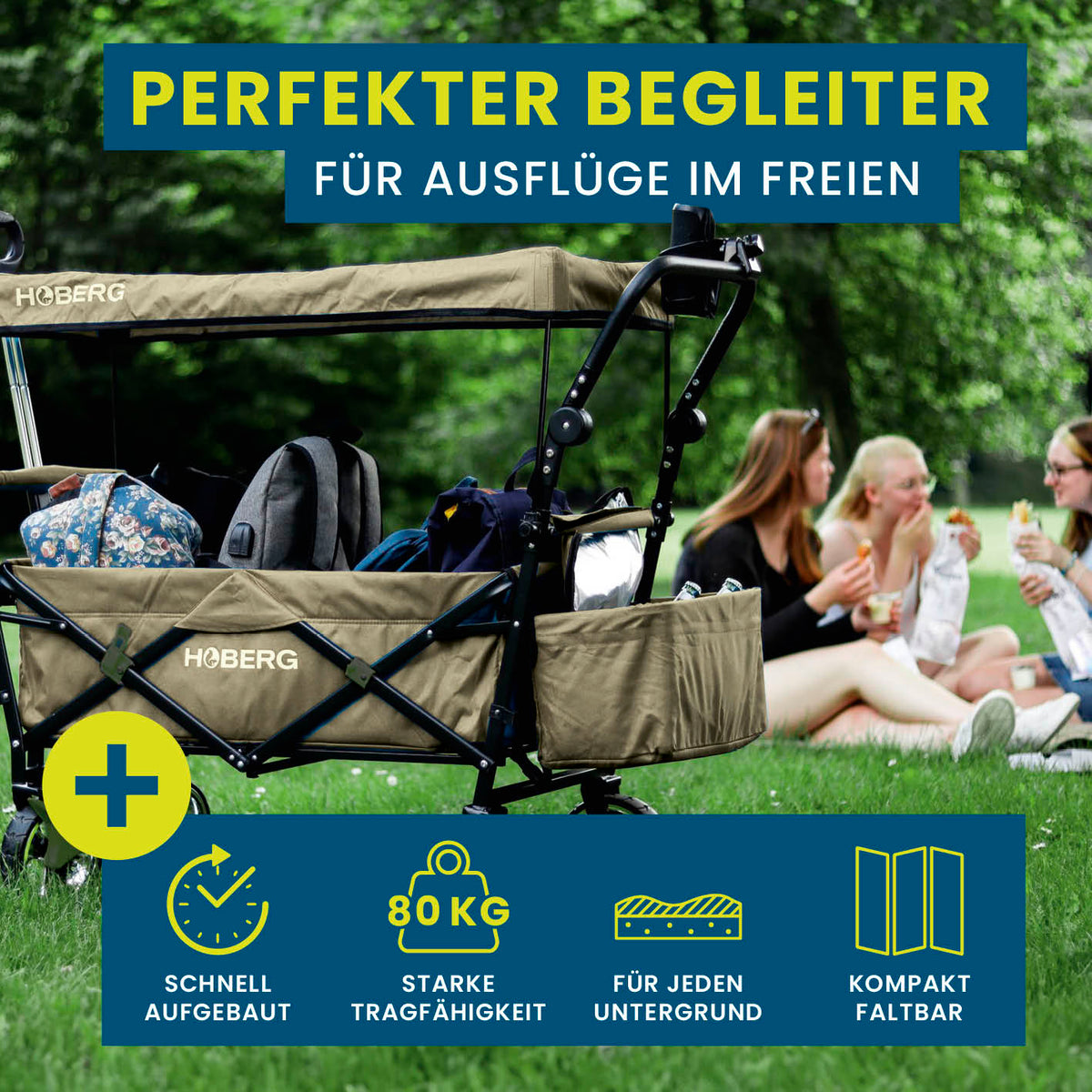 Faltbarer Bollerwagen - Beige von HOBERG mit robustem Nylonbezug, wasserfestem Dach und bis zu 80 kg Tragfähigkeit, ideal für Ausflüge.
