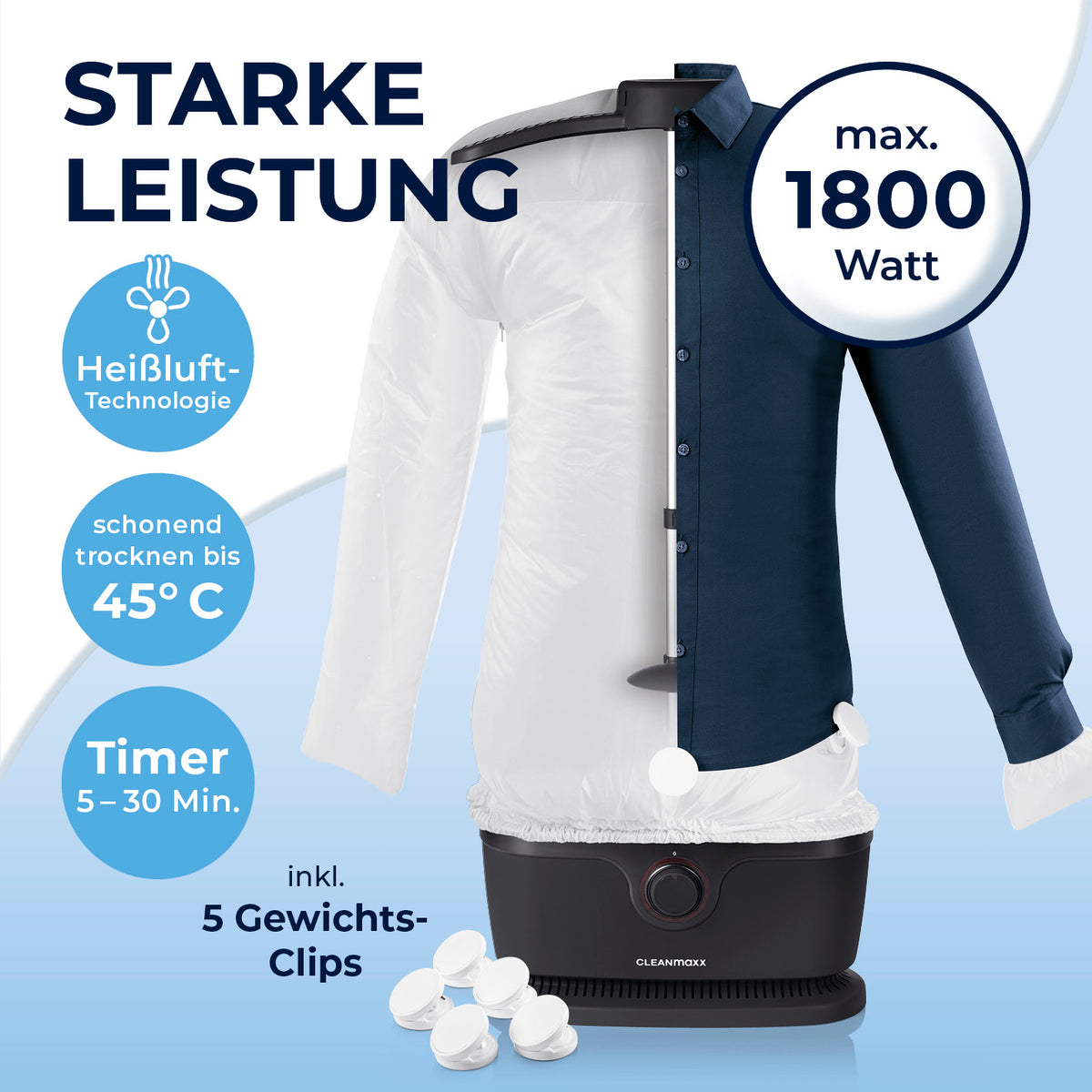 Hemdenbügler PRO mit Hosenaufsatz - Schwarz, vollautomatisch mit 1800 Watt Heißluft-Technologie und 5 Gewichts-Clips für faltenfreies Bügeln.
