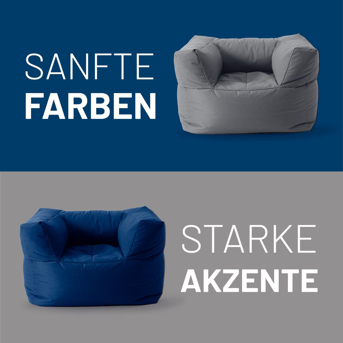 Sitzsack-Sofa Sessel (400 L) in Grau und Blau, modulare In- & Outdoor-Komfortlösung mit hochwertiger Füllung und robustem Design.
