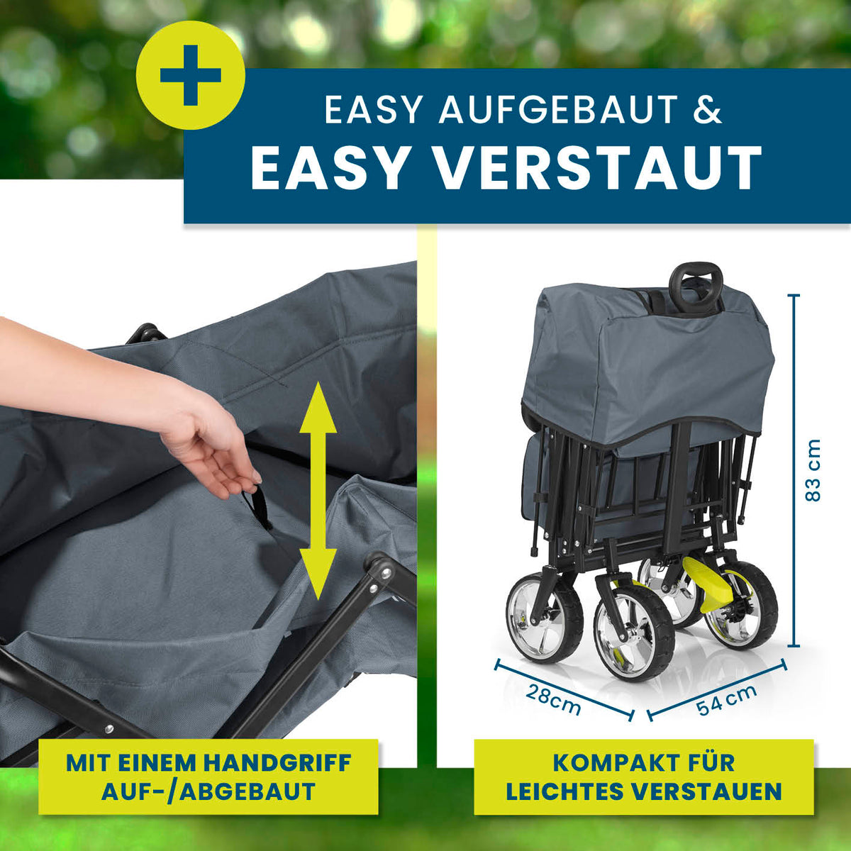 Faltbarer Bollerwagen - Grau, einfach aufgebaut und kompakt zusammengefaltet, ideal für Ausflüge und praktischen Transport.