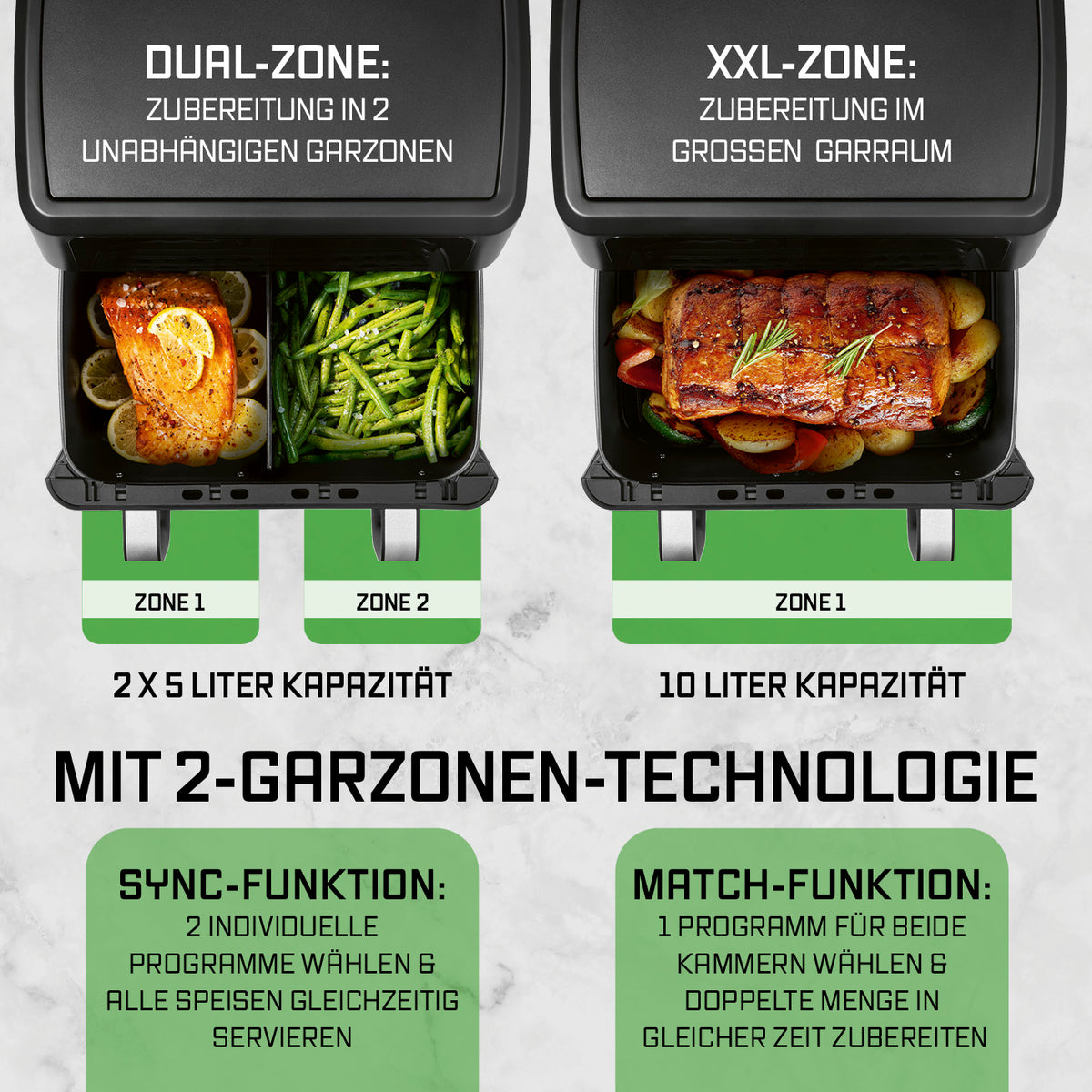 Vario-Kammer-Heißluftfritteuse - 10 Liter mit 2 Garzonen für flexibles, fettarmes Garen großer Portionen oder unterschiedlicher Speisen.