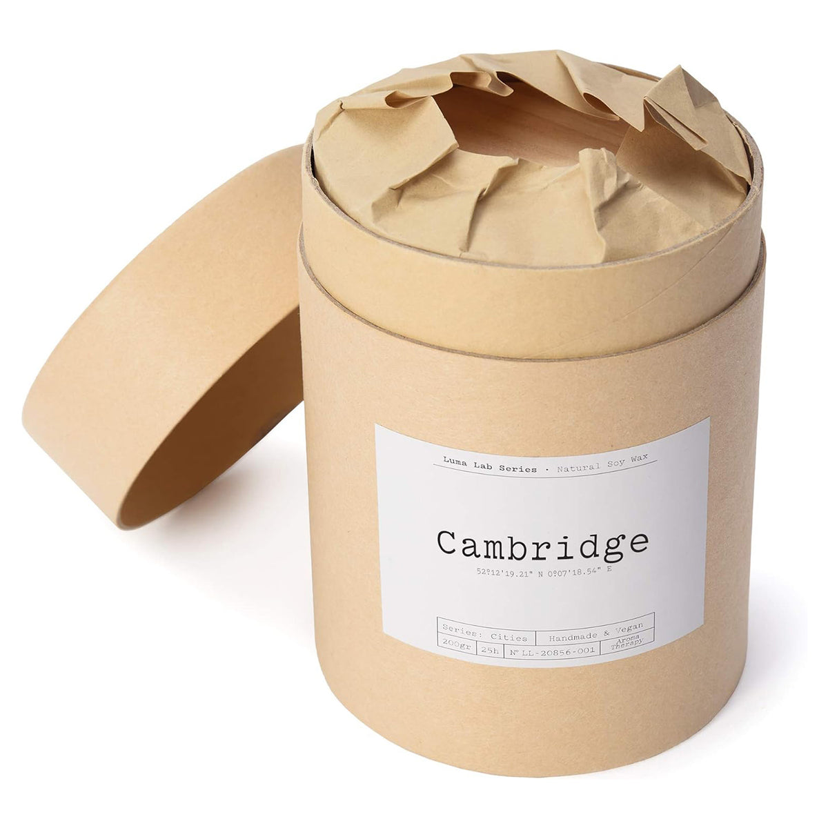 Duftkerze City Memories "Cambridge" im nachhaltigen Braunpapierbehälter, handgegossen aus 100% veganem Sojawachs.