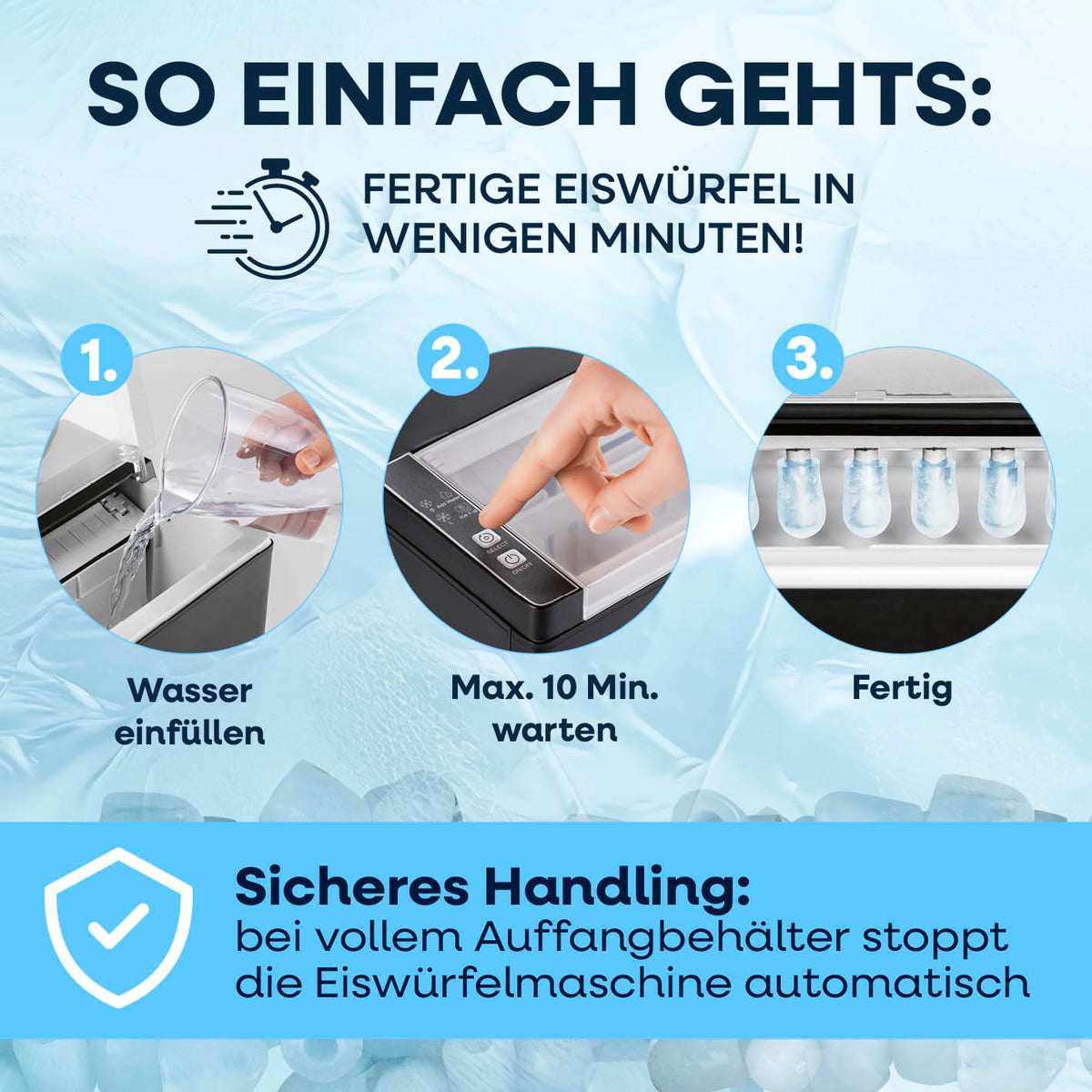 Eiswürfelmaschine inkl. Auffangbehälter & Eisschaufel – einfache Bedienung, Wasser einfüllen, 10 Min warten, Eiswürfel fertig, automatische Stoppfunktion.