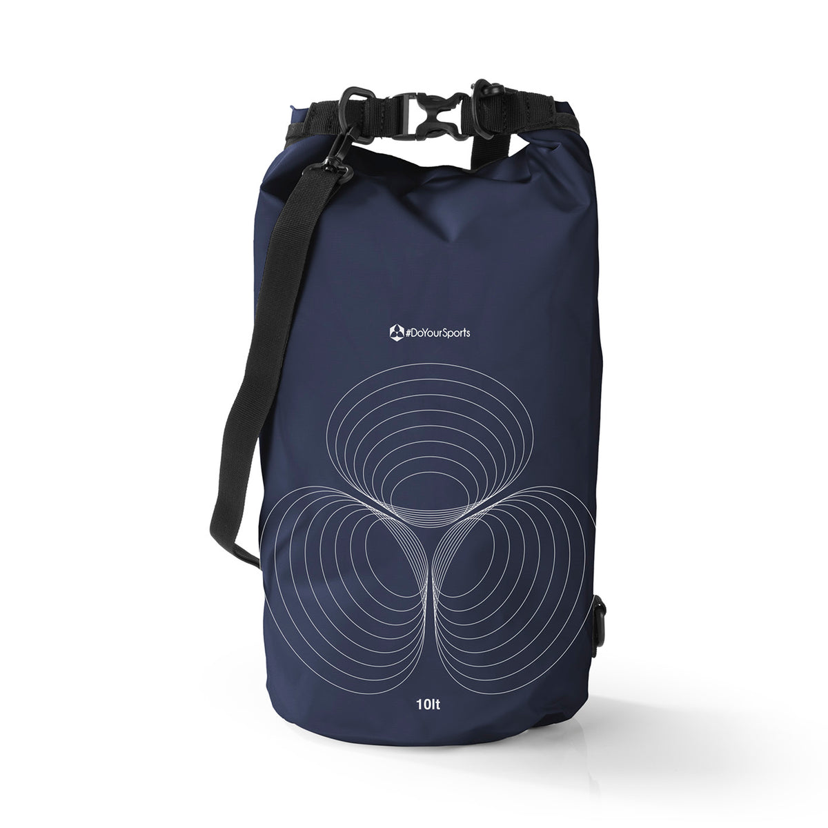Dry Bag 10L - Dunkelblau, wasserdichter Outdoor-Rucksack mit robustem Rolltop-Verschluss und verstellbarem Schultergurt.
