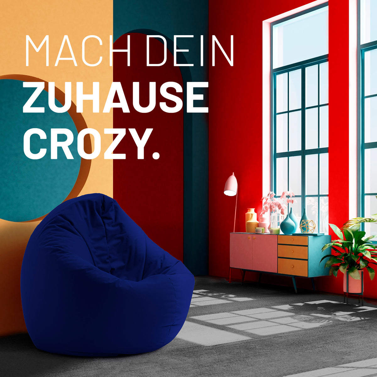 Sitzsack Drops (300 L) Dunkelblau in modernem Wohnzimmer, langlebig, leicht und ideal für drinnen & draußen.