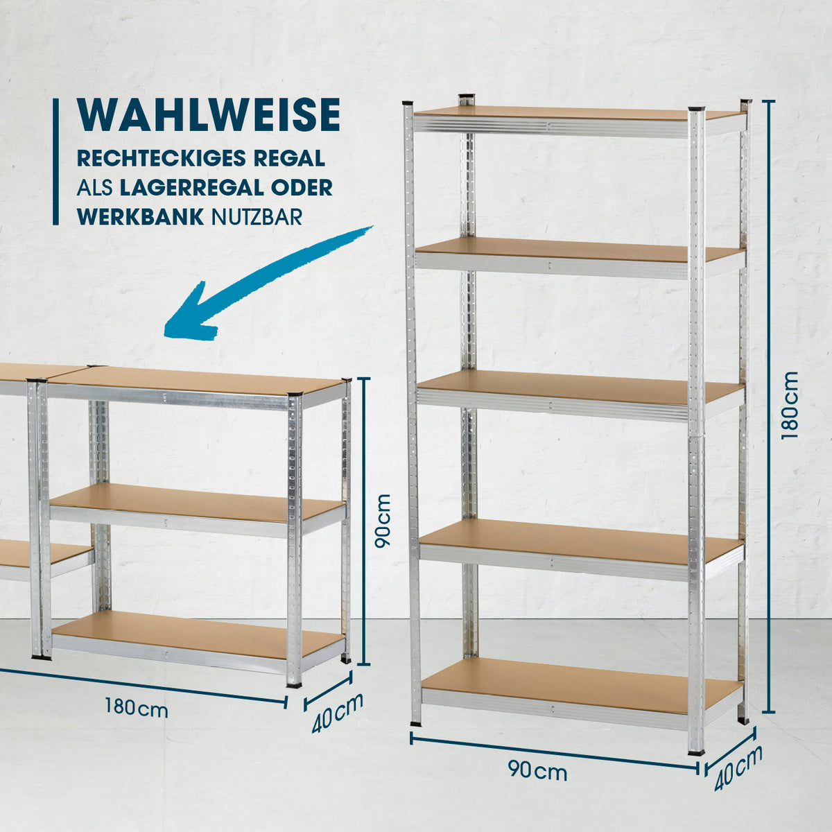 Schwerlastregal & Werkbank mit GS, 5 MDF-Böden, bis 175 kg Tragkraft, 180x90x40 cm, 2 Aufbauvarianten als Regal oder Werkbank.