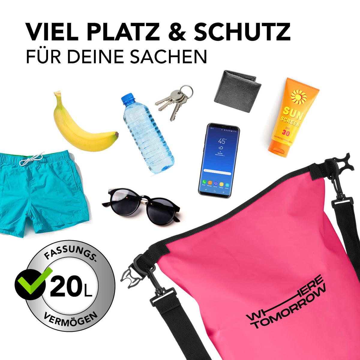 Dry Bag 20L - Style 01 - Pink, wasserdichter Outdoor-Rucksack mit UV-Schutz und 20L Fassungsvermögen für sicheren Stauraum.
