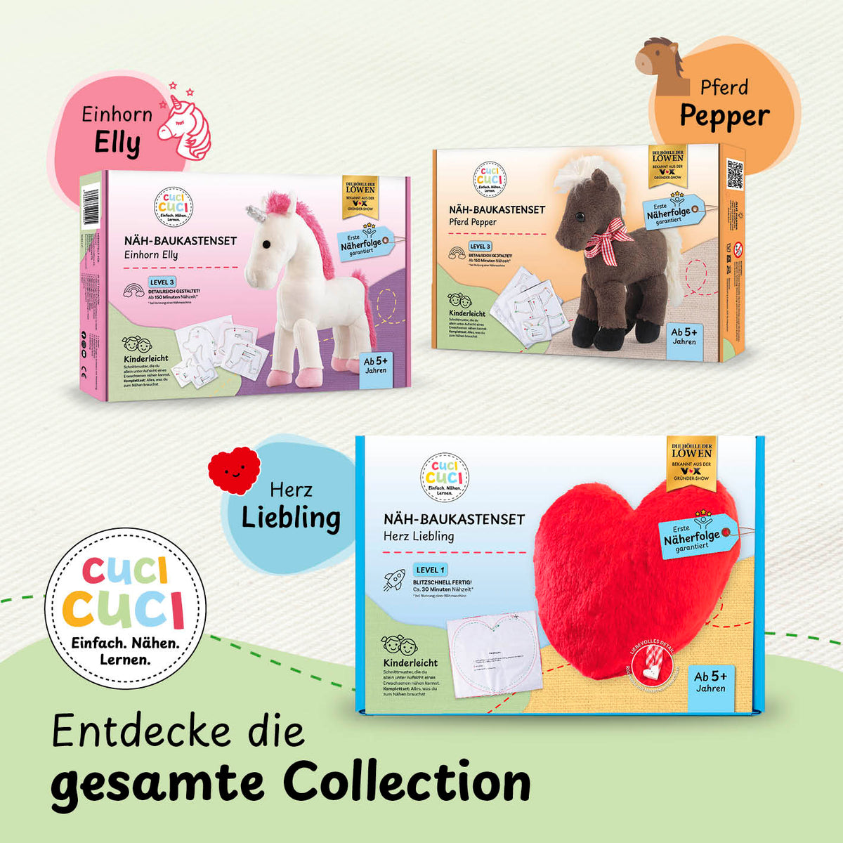 Näh-Baukastenset Motiv Alpaka Anton von cuci cuci – kinderleichtes Nähen von Kuscheltieren, geeignet ab 5 Jahren, inklusive Anleitung und Materialien.