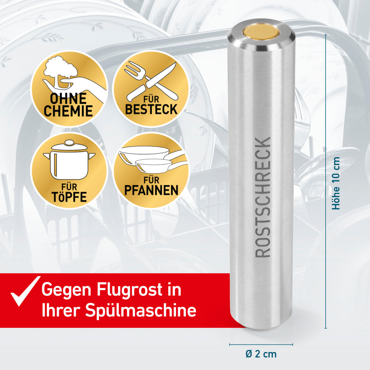 Rostschreck - 4er-Set gegen Flugrost in Spülmaschine, schützt Besteck, Töpfe und Pfannen ohne Chemie, ideal für Besteckkasten.
