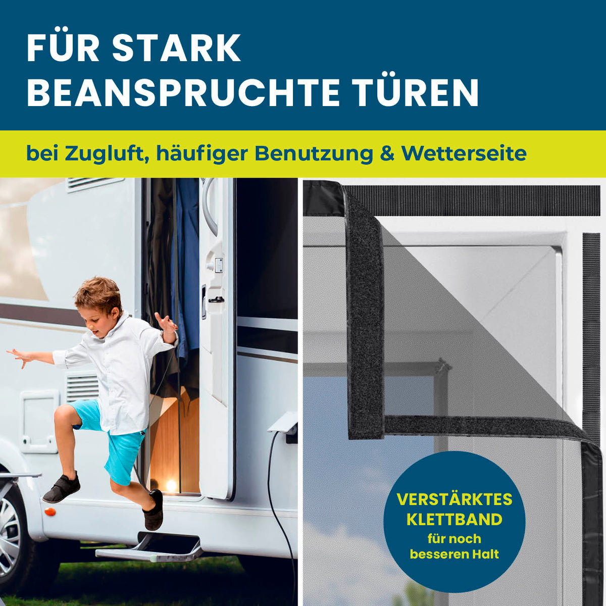 Insekten- & Pollenschutzvorhang für Wohnwagen 60x180cm mit verstärktem Klettband, selbstschließend und luftdurchlässig für Allergiker.