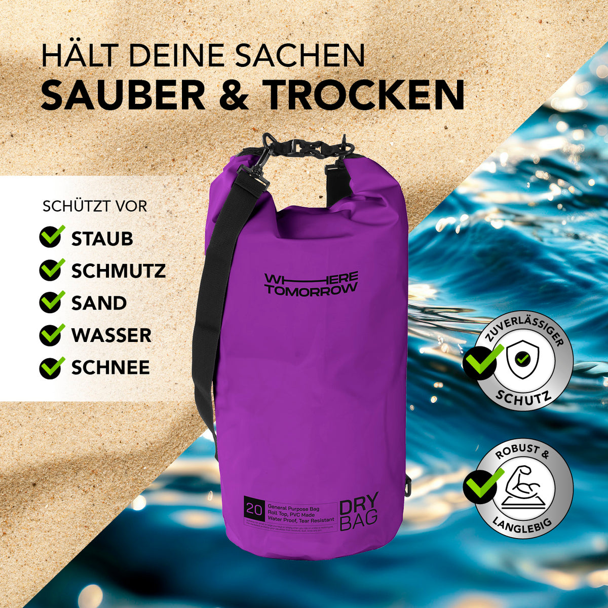 Dry Bag 20L - Style 01 - Lila, wasserdichter und robuster Rucksack mit Rolltop zum Schutz vor Staub, Schmutz, Sand, Wasser und Schnee.