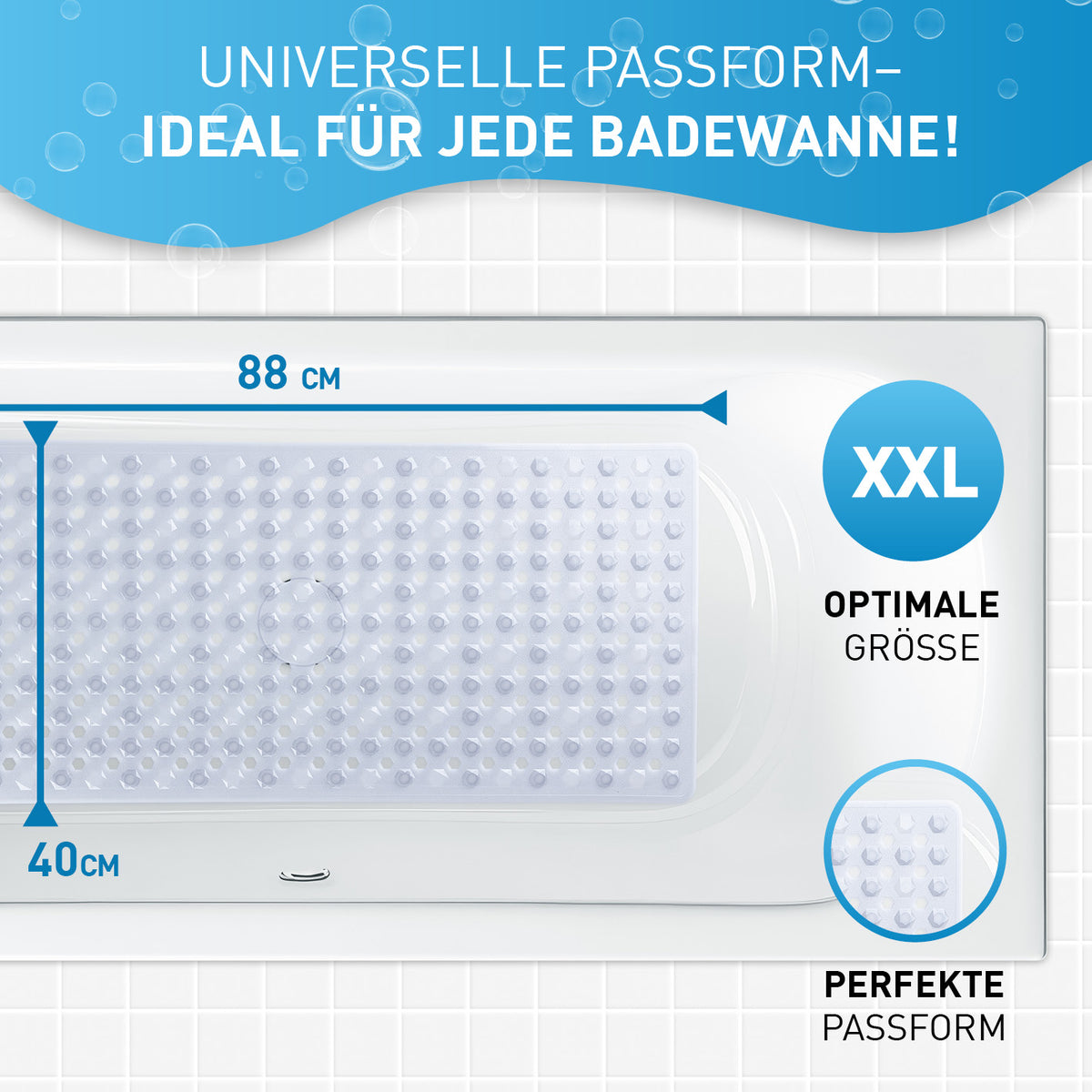 Badewannenmatte 88 x 40 cm – Transparent mit rutschfester Oberfläche und Saugnäpfen für sicheren Halt in jeder Badewanne.