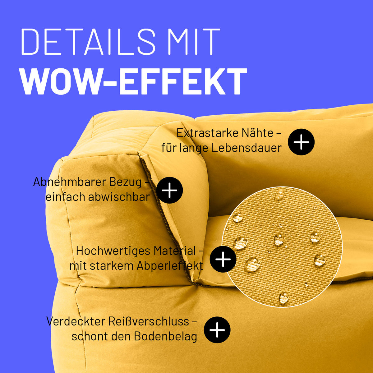 Sitzsack-Sofa Ecke (340 L) - Modulares System - indoor & outdoor - Senfgelb mit abnehmbarem, abwischbarem Bezug und extrastarken Nähten.
