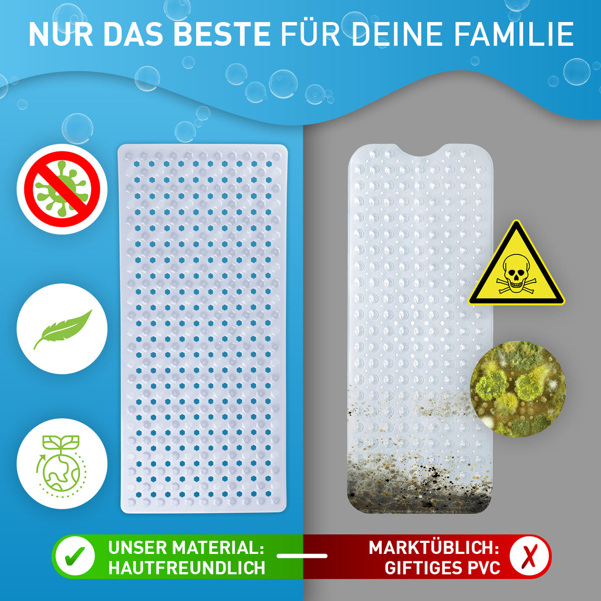 Badewannenmatte 88 x 40 cm – Transparent mit hautfreundlichem Material und Anti-Rutsch-Struktur im Vergleich zu herkömmlichem PVC.