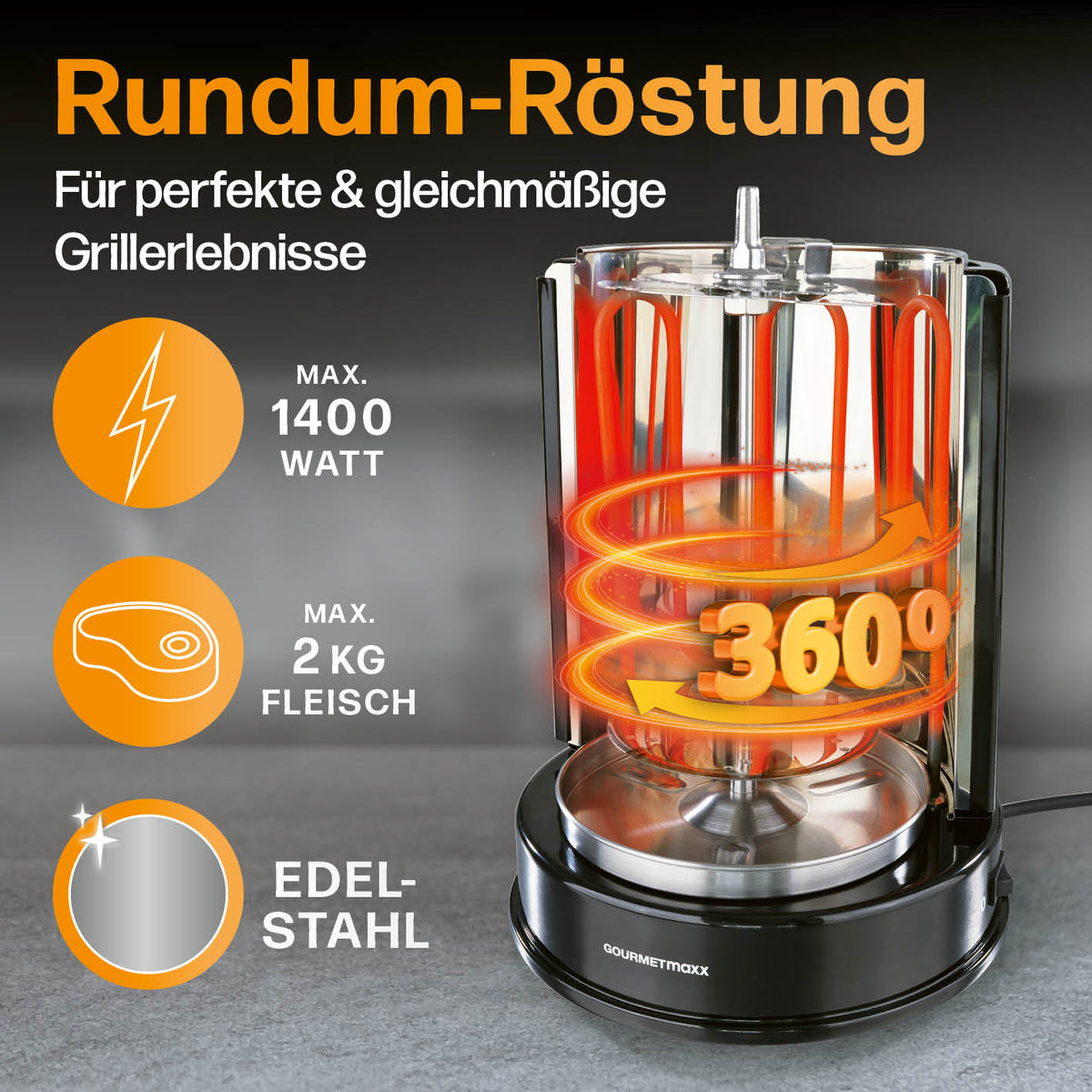 Dönergrill mit 360° Rotation, 1400 Watt Leistung und Edelstahl, ideal für gleichmäßiges Garen von bis zu 2 kg Fleisch.