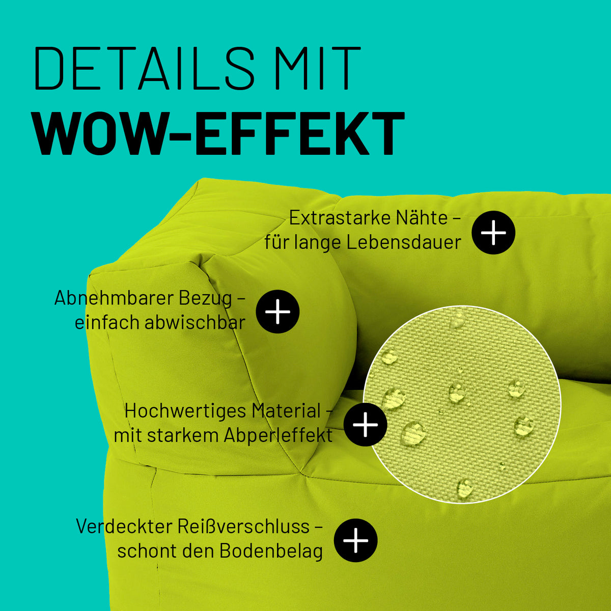 Sitzsack-Sofa Sessel (400 L) Apfelgrün mit abnehmbarem, abwischbarem Bezug, extrastarken Nähten und verdecktem Reißverschluss.