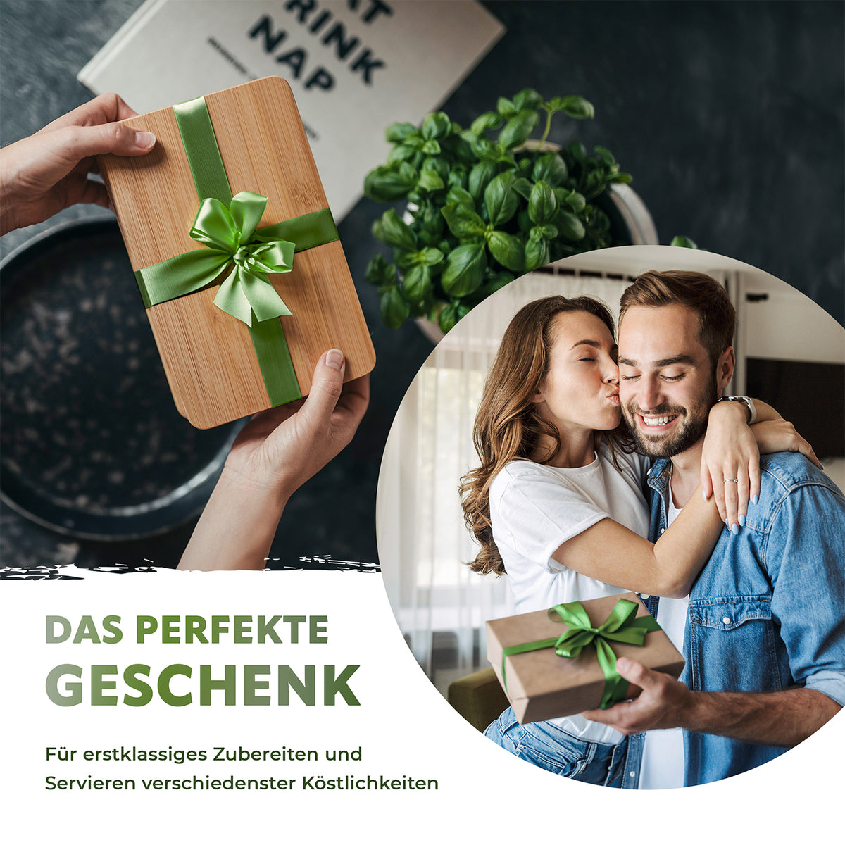 Schneidebretter aus Bambus - 6er-Set als Geschenk verpackt mit grünem Band, ideal zum Schneiden und Servieren.