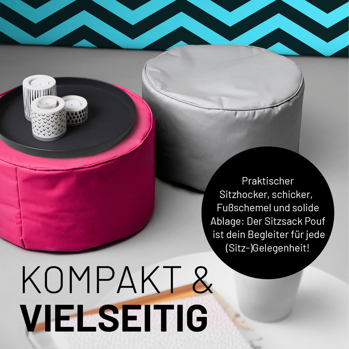Sitzsack-Hocker/Pouf (50 L) beige, modern, multifunktional, leicht, langlebig, indoor & outdoor, pflegeleicht mit verdecktem Reißverschluss.