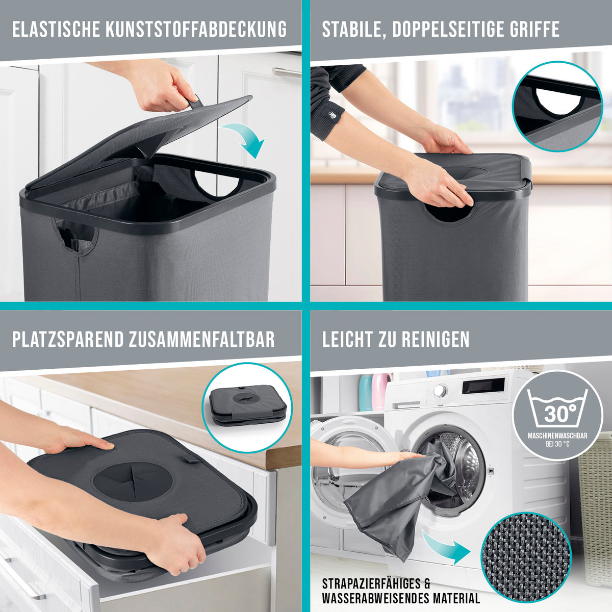 Pfandflaschen-Sammelbehälter - Anthrazit mit elastischem Deckel, stabilen Griffen, faltbar und waschbarer Tasche bis 30 Grad.